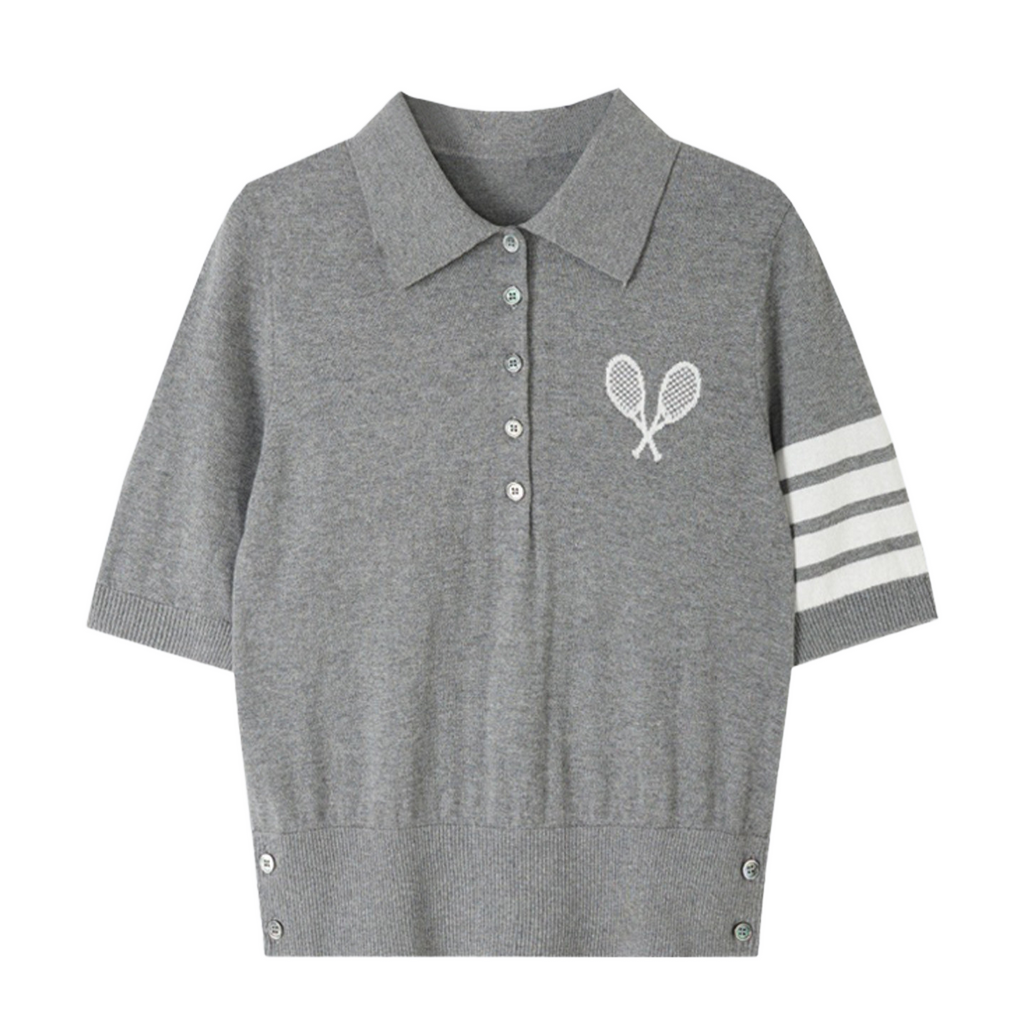 Women's Polo Knit Top ¨C Tennis Racket Print THOM TREND