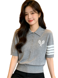 Women's Polo Knit Top ¨C Tennis Racket Print THOM TREND