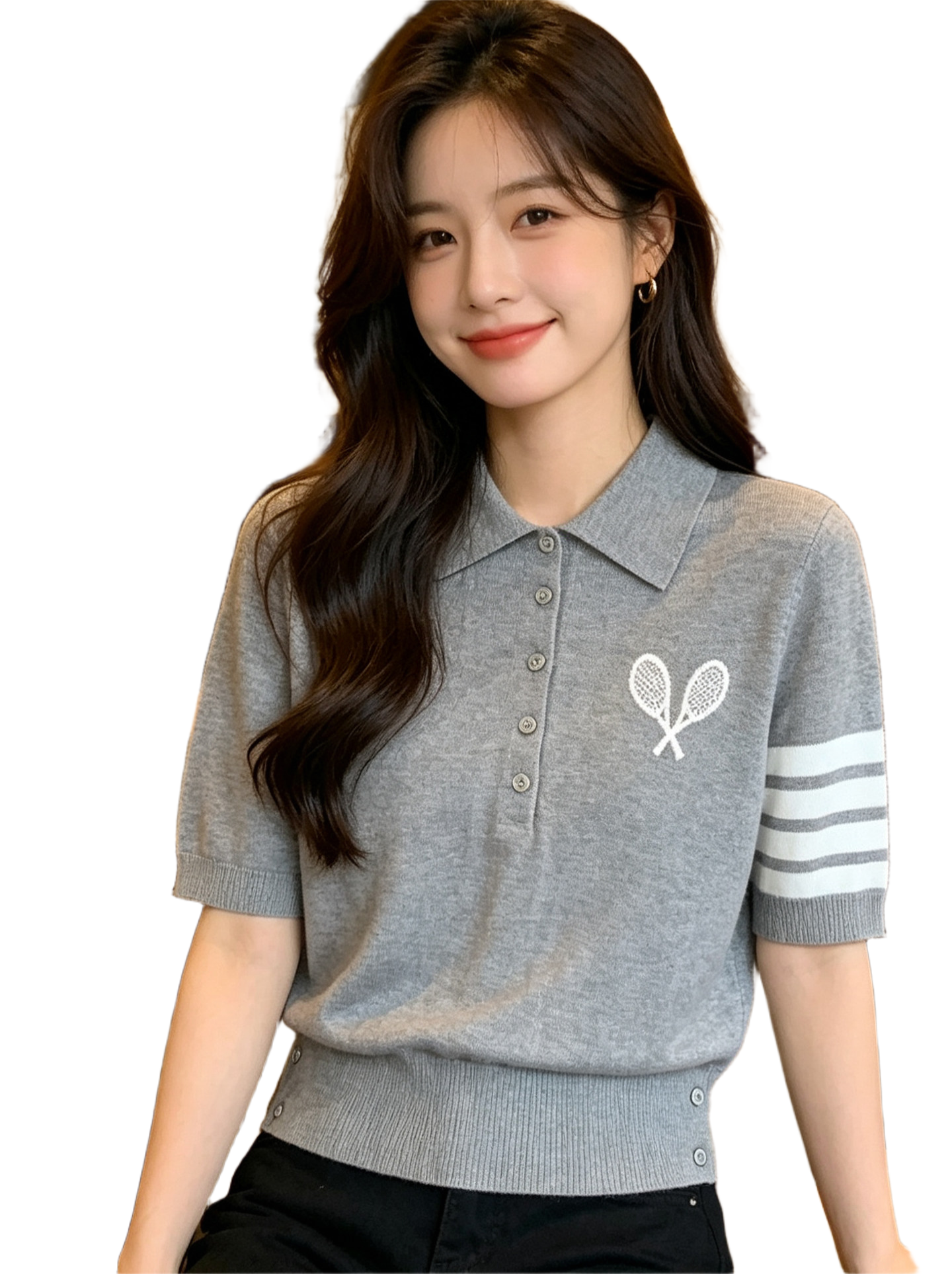 Women's Polo Knit Top ¨C Tennis Racket Print THOM TREND