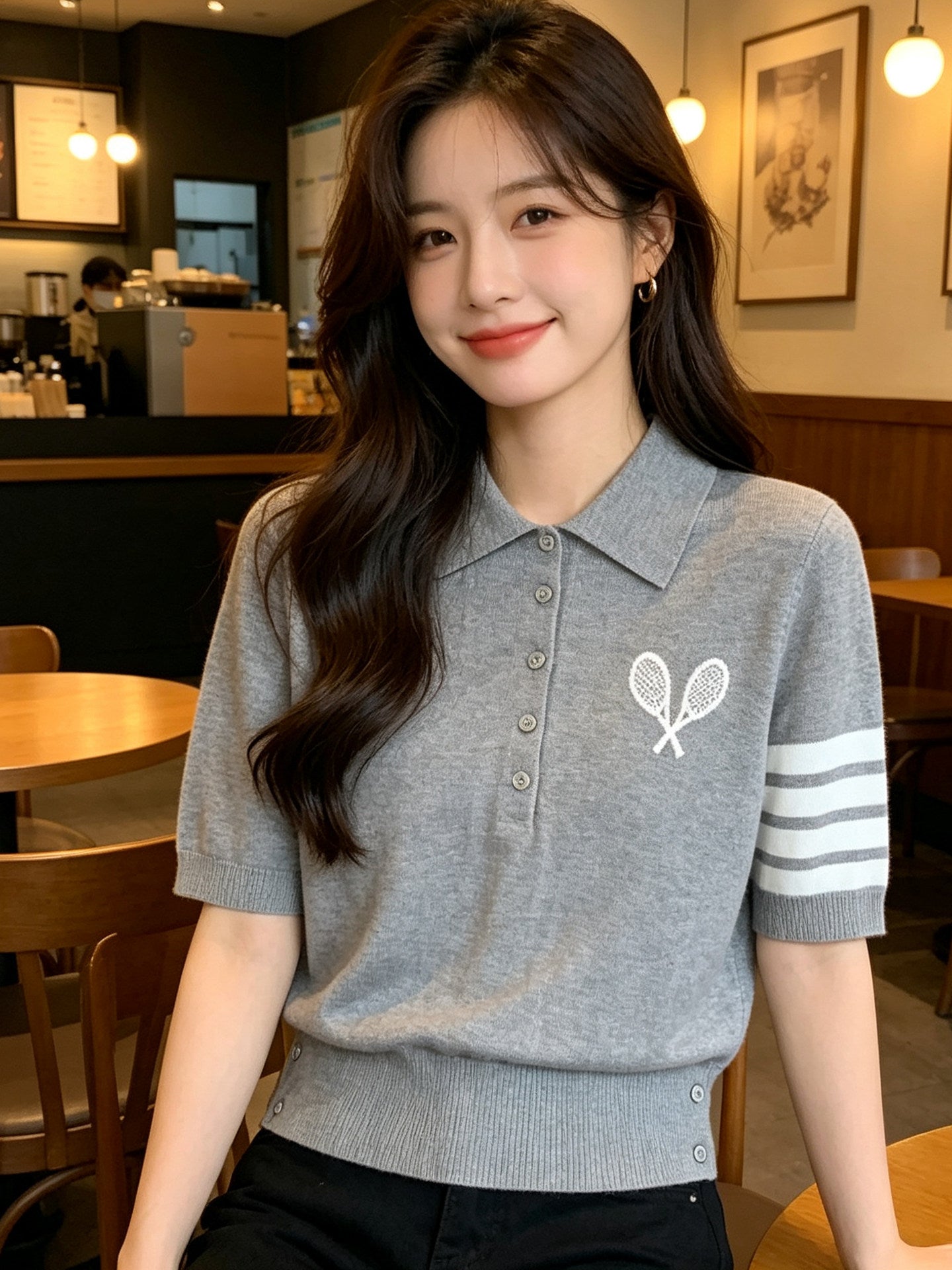 Women's Polo Knit Top ¨C Tennis Racket Print THOM TREND